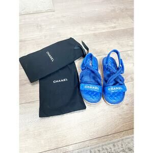 CHANEL Blue Cord Lambskin Quilted Cork Platform  Logo Sandals Size 6.5